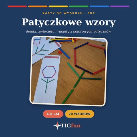 Patyczkowe wzory – karty do układania z kolorowych patyczków dla dzieci 4–8 lat, 70 wzorów