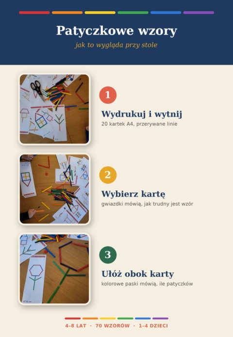 Jak przygotować Patyczkowe wzory: wydrukuj i wytnij karty, wybierz kartę, ułóż patyczki obok karty